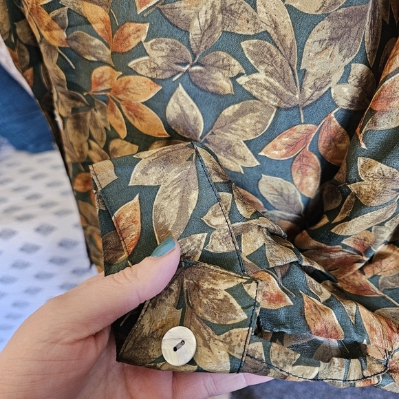 Vintage Quo Silk Leaf Print Blouse Jacket L | Fall Grandpa Fit - Picture 11 of 13